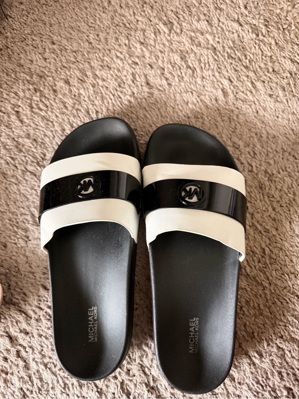 Michael Kors Black and White Double Strap Slide Sandals
